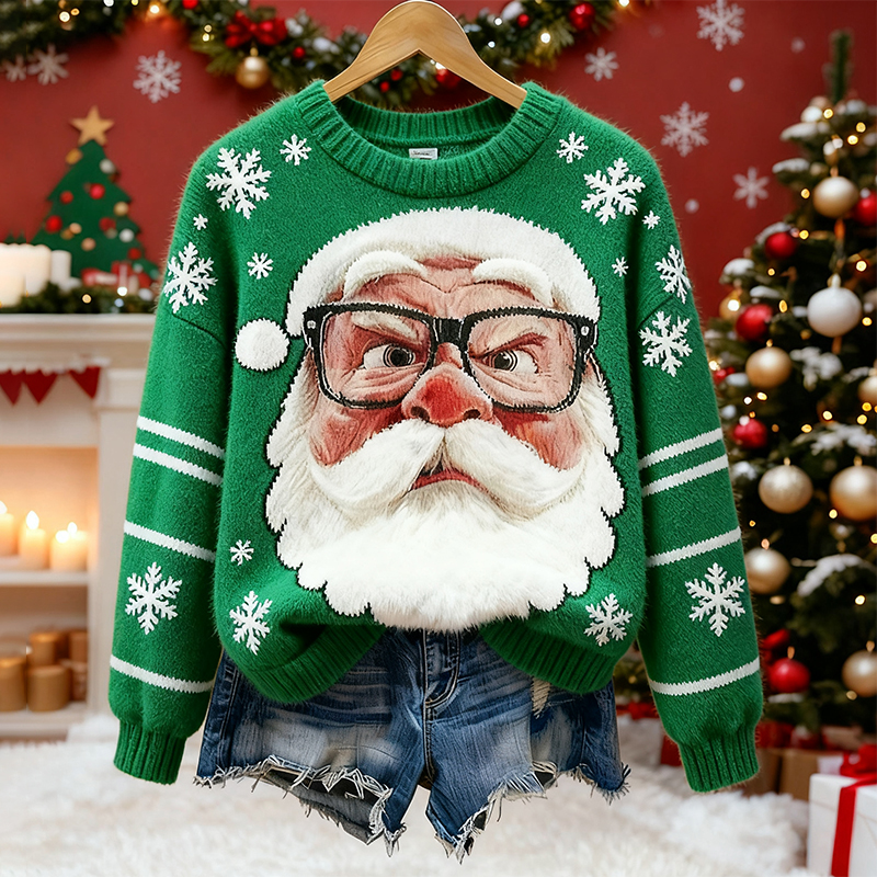 Cute Santa Claus And Snowflake Pattern Warm Crew Neck Sweater elevenforest