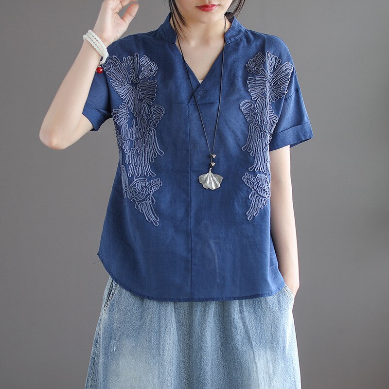Summer V Neck Short Sleeve T-Shirt Retro Loose Thin Embroidery Cotton Tops