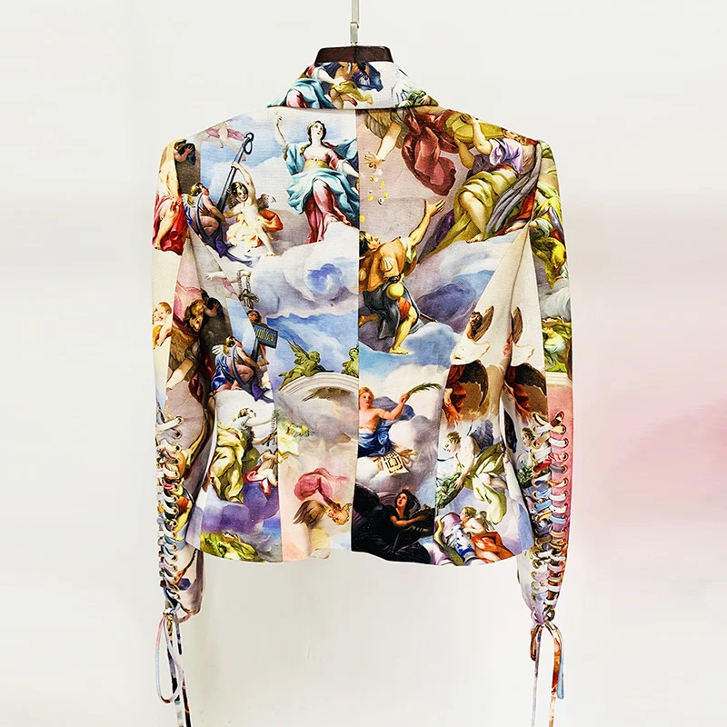 Nigikala Nigikala New Fashion Rope Repair Waist Retro Renaissance Angel Printed Suit Jacket