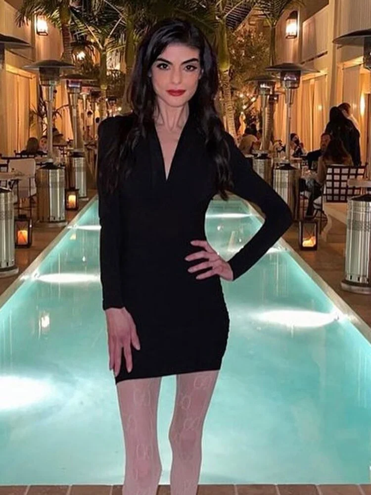 WannaThis V Neck Mini Dresses Ladies Ruched Slim Elastic Casual Long Sleeve Autumn Bodycon Party Elegant Dresses For Women 2021