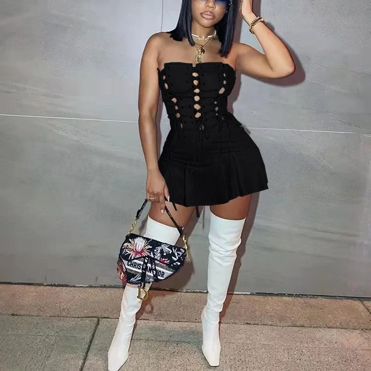 CM.YAYA Women Lace Up Strapless High Waist  Romper Playsuit 2022 Spring Summer Sexy Party Clubwear Bodycon One Piece Overalls