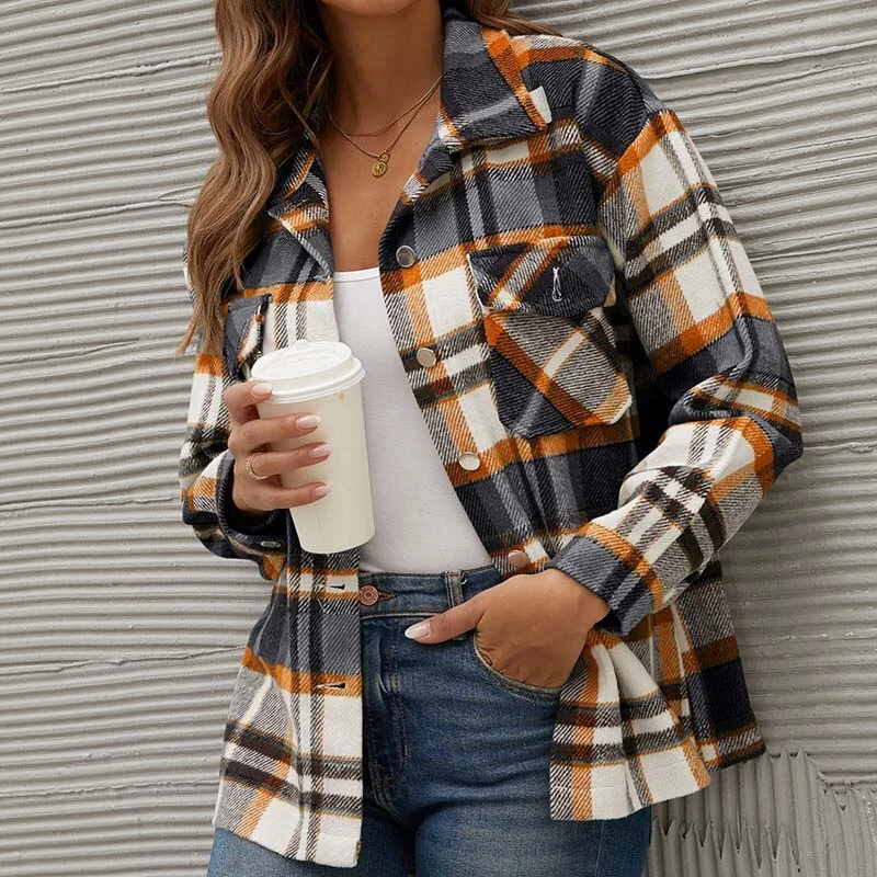 Winter Plaid Shirt Jacket For Women Checkered Jacket Coat Casual Long Sleeve Thick Overshirt Turn Down Collar Fashion Outerwear