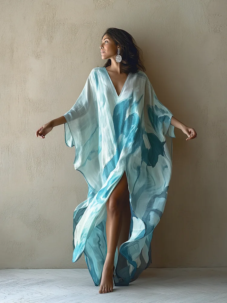 Poseidon's Grace Brushstroke Art Linen V-neck Long Kaftan