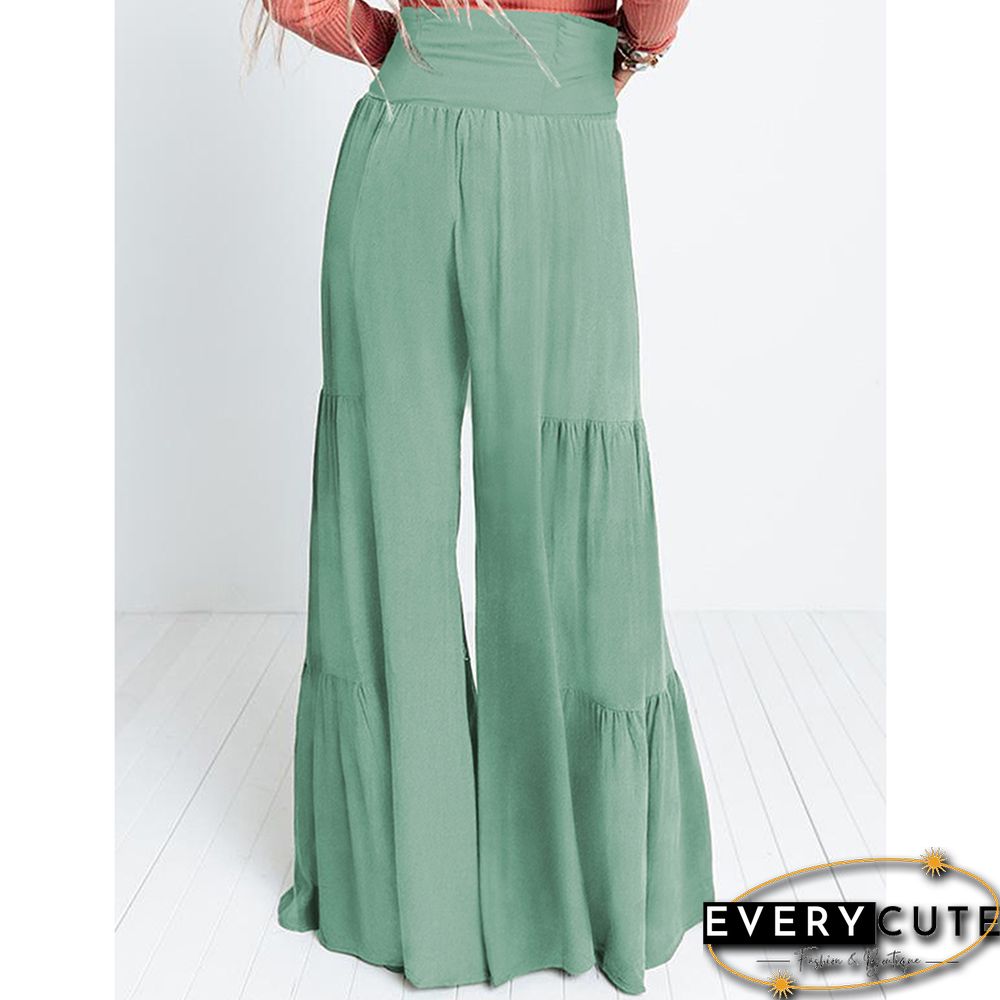 Green Smocked High Waist Palazzo Pants with Tie
