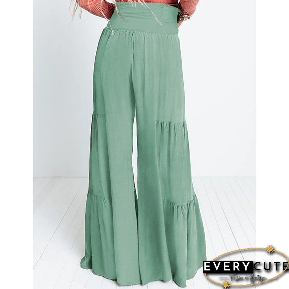 Green Smocked High Waist Palazzo Pants with Tie