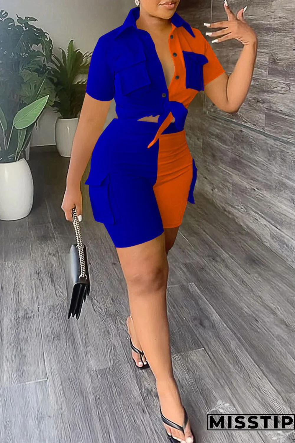 Blue Casual Patchwork Contrast Shirt Collar Short Sleeve Two Pieces