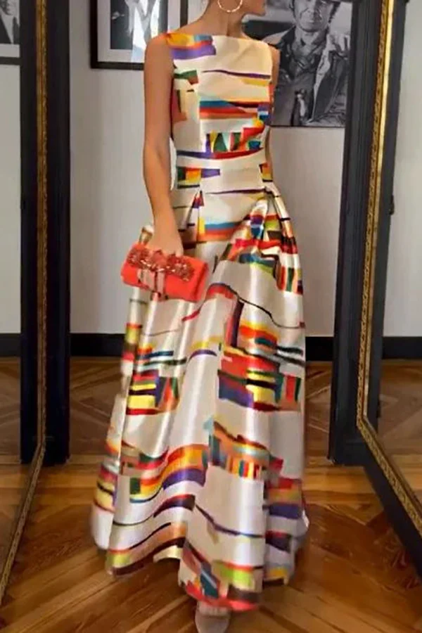 Autumn Colors Printed Elegant Sleeveless Backless Party Maxi Dress
