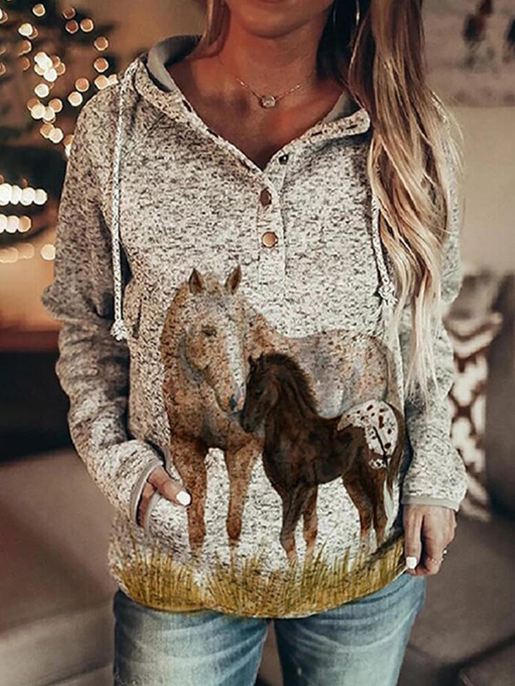 Comstylish Vintage Horse Print Long Sleeve Hoodie