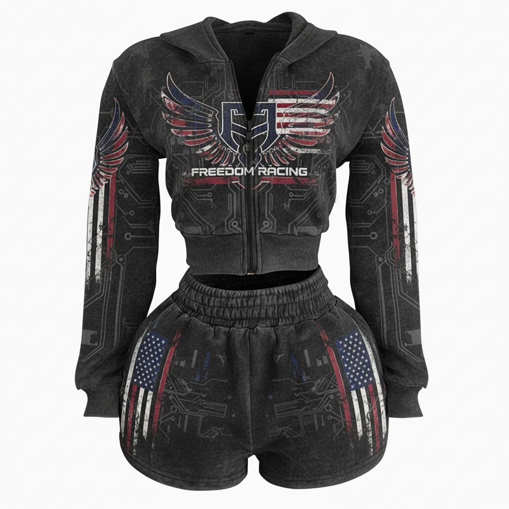 American Retro USA Stars And Stripes Short Hoodie Set - Helixace