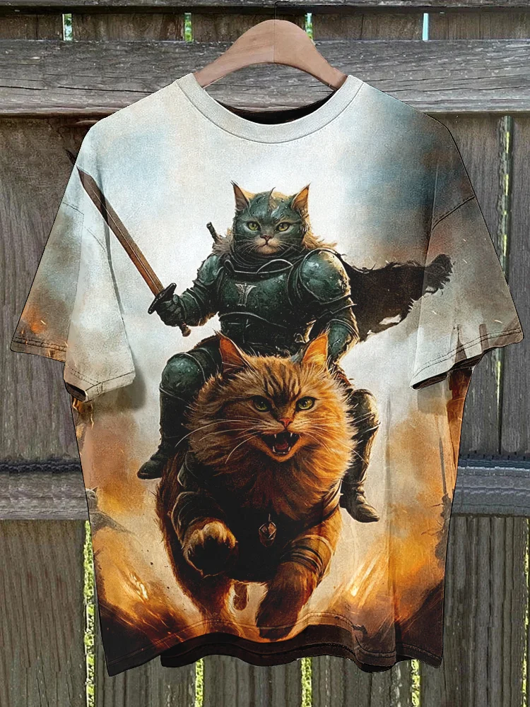 Men's Cat Armor Hero Sword Print Short Sleeve T-Shirt