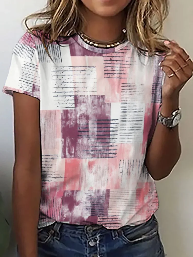 Printed Short Sleeve Casual T-shirt for  Women and Men Unisex Pattern Plaid, Pink