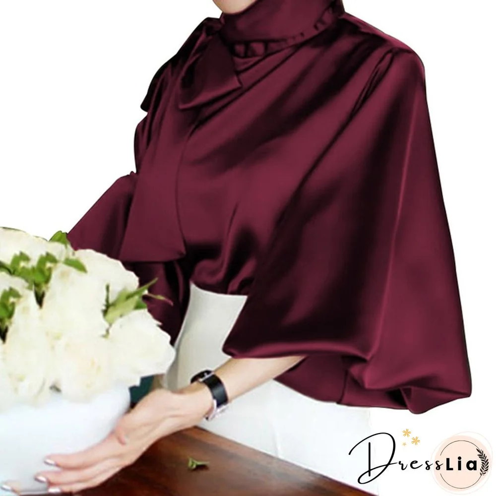 Fashion Elegant Women Blouse Casual High Collar Lantern Sleeve Blusas Bow Tops OL Office Lady Shirt Plus Size