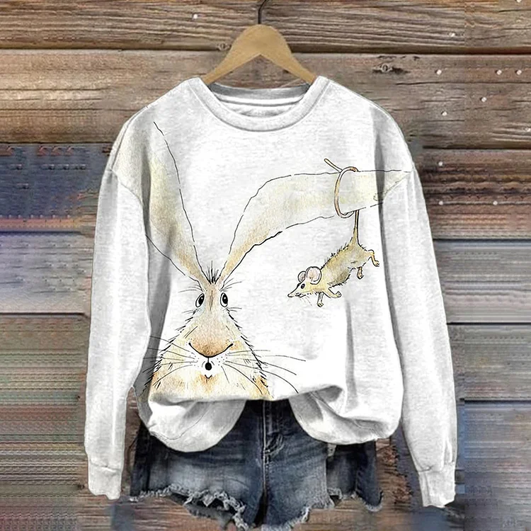 VChics Rabbit Print Casual Long Sleeve Sweatshirt