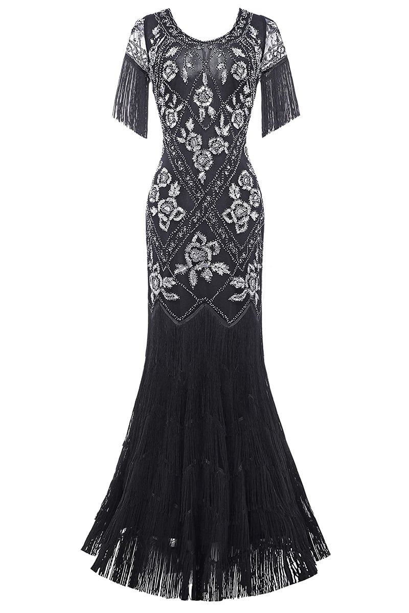 1920s Black Retro Fringe Patchwork Floral Drilling Bodycon Maxi Dress [Pre-Order]