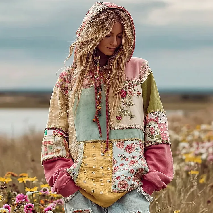 Vintage Floral Patchwork Art Comfortable Warm Hoodie
