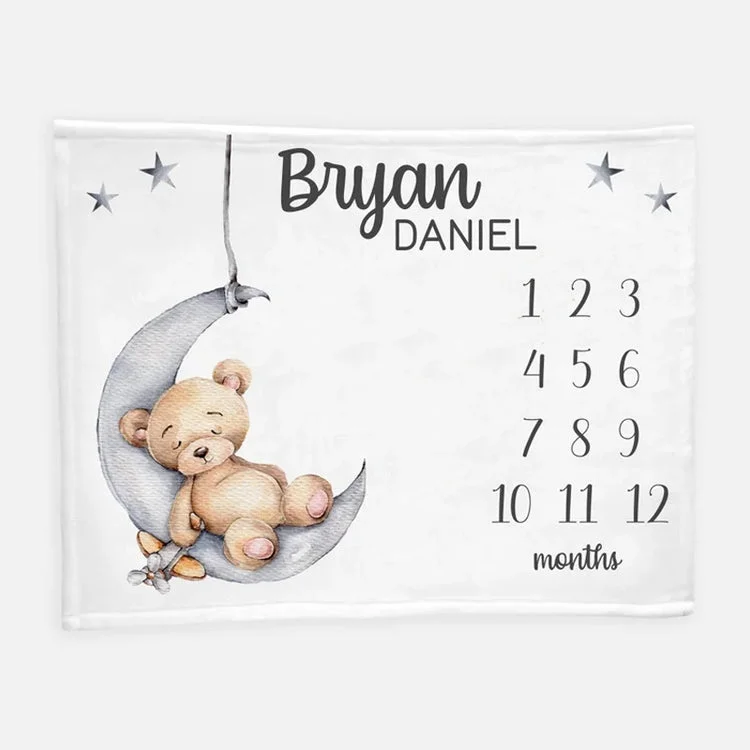 Personalized Bear Moon&Stars Baby Milestone Blanket For Comfort & Unique | BKMS89