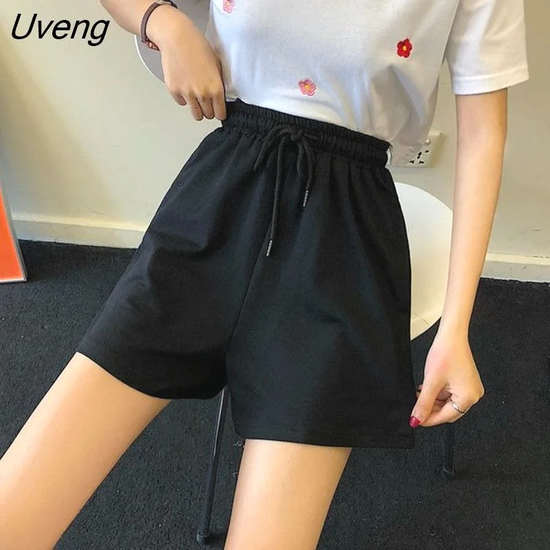 Uveng Shorts Women Lace-up Wide-leg Black Short Trousers Leisure High Waist Jogger Pockets Slim All-match Students Cozy Outwear