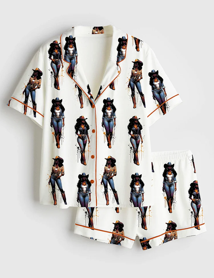 Women&rsquo;s Melanin Rodeo Queen Black Cowgirl American Western Print Short Sleeve Satin Pajama Set