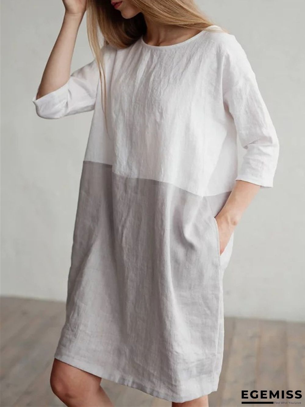 Loose Solid Color Cotton Linen Patchwork Dress Round Neck Seven Sleeve Skirt Waist | EGEMISS