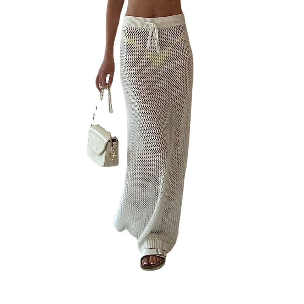 Athvotar Athvotar Summer New Sexy Hollow Out See-Through Knitting Beach Vacation Pure Color Skirt Wearing Women