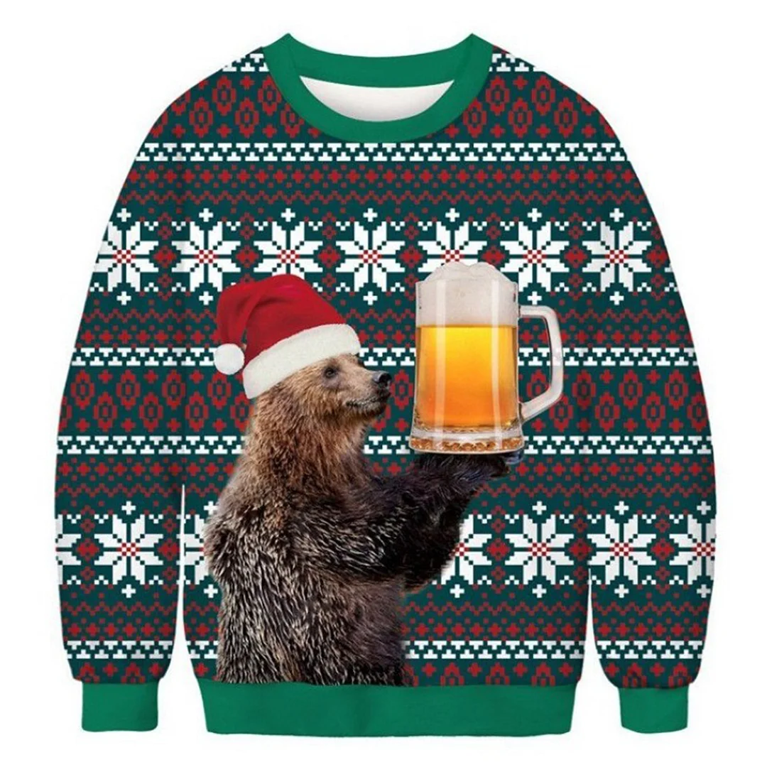 Unisex 3D Sloth Beer Fun Print Christmas Sweatshirt
