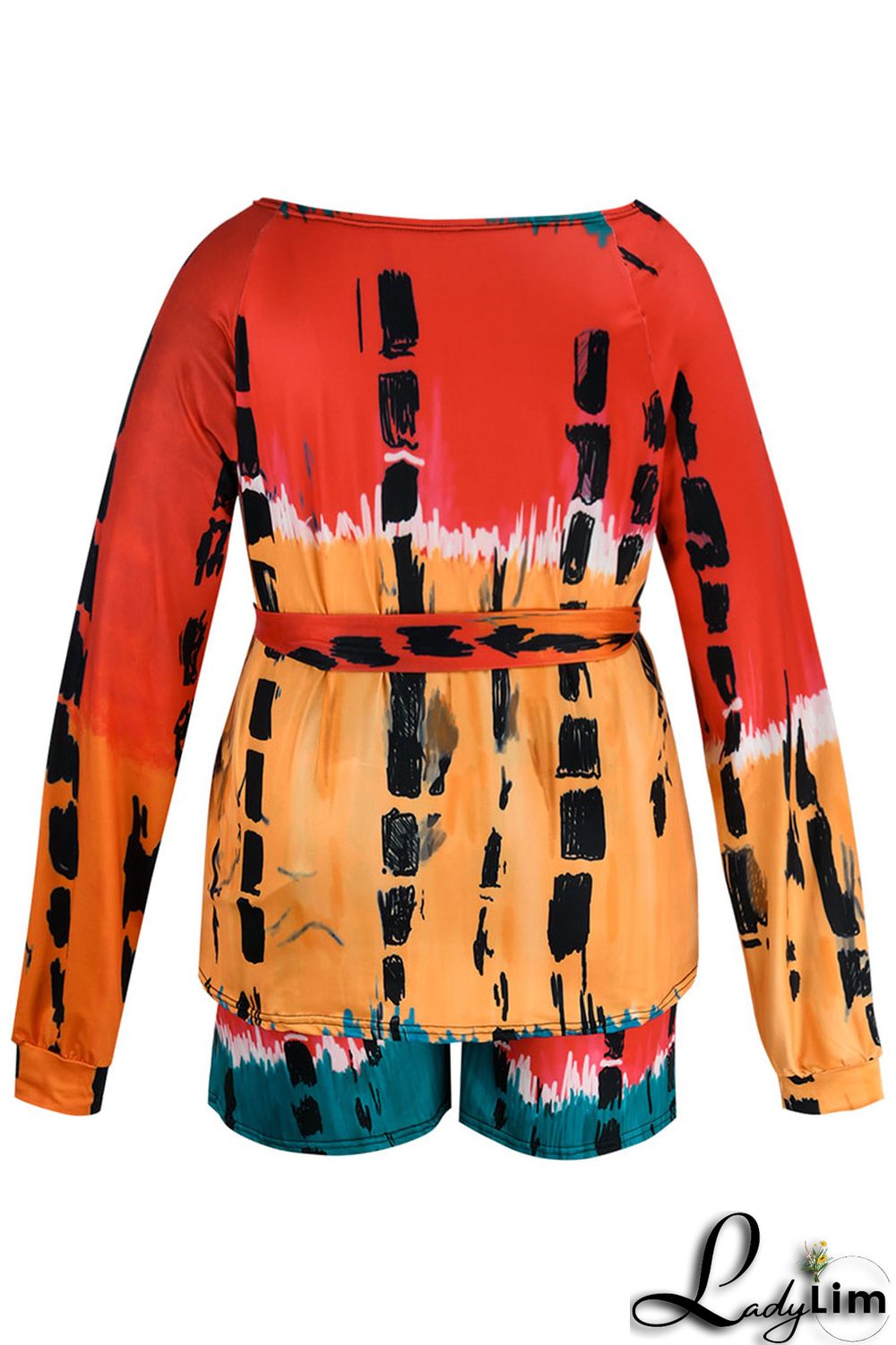 Red Casual Print Patchwork Off the Shoulder Plus Size Two Pieces