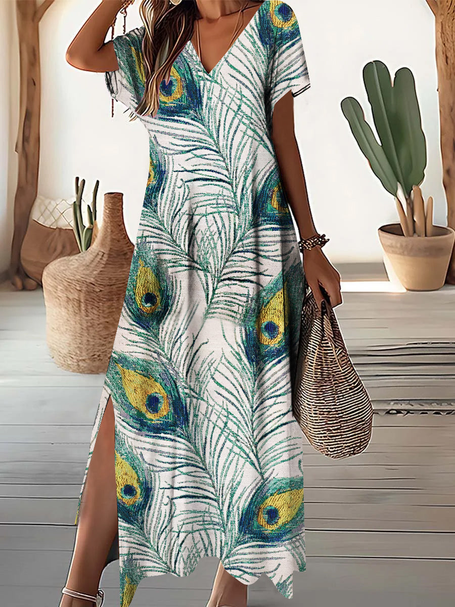 Women's V-Neck Vintage Peacock Feather Pattern Dress