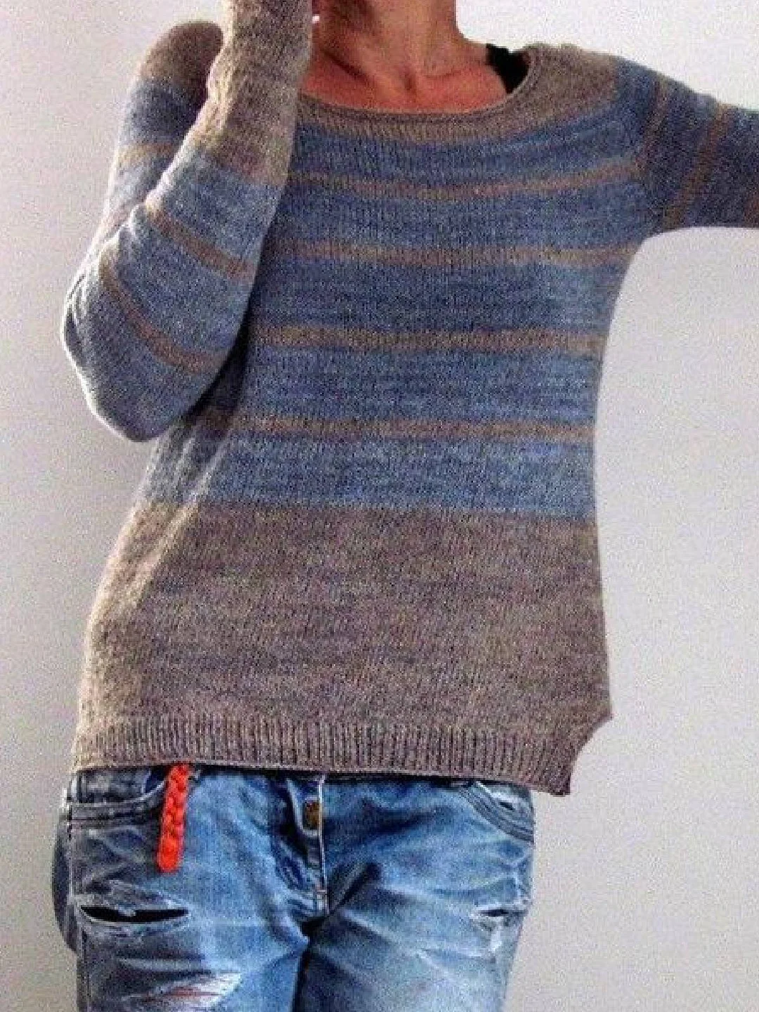 Blue Casual Knitted Round Neck Sweater