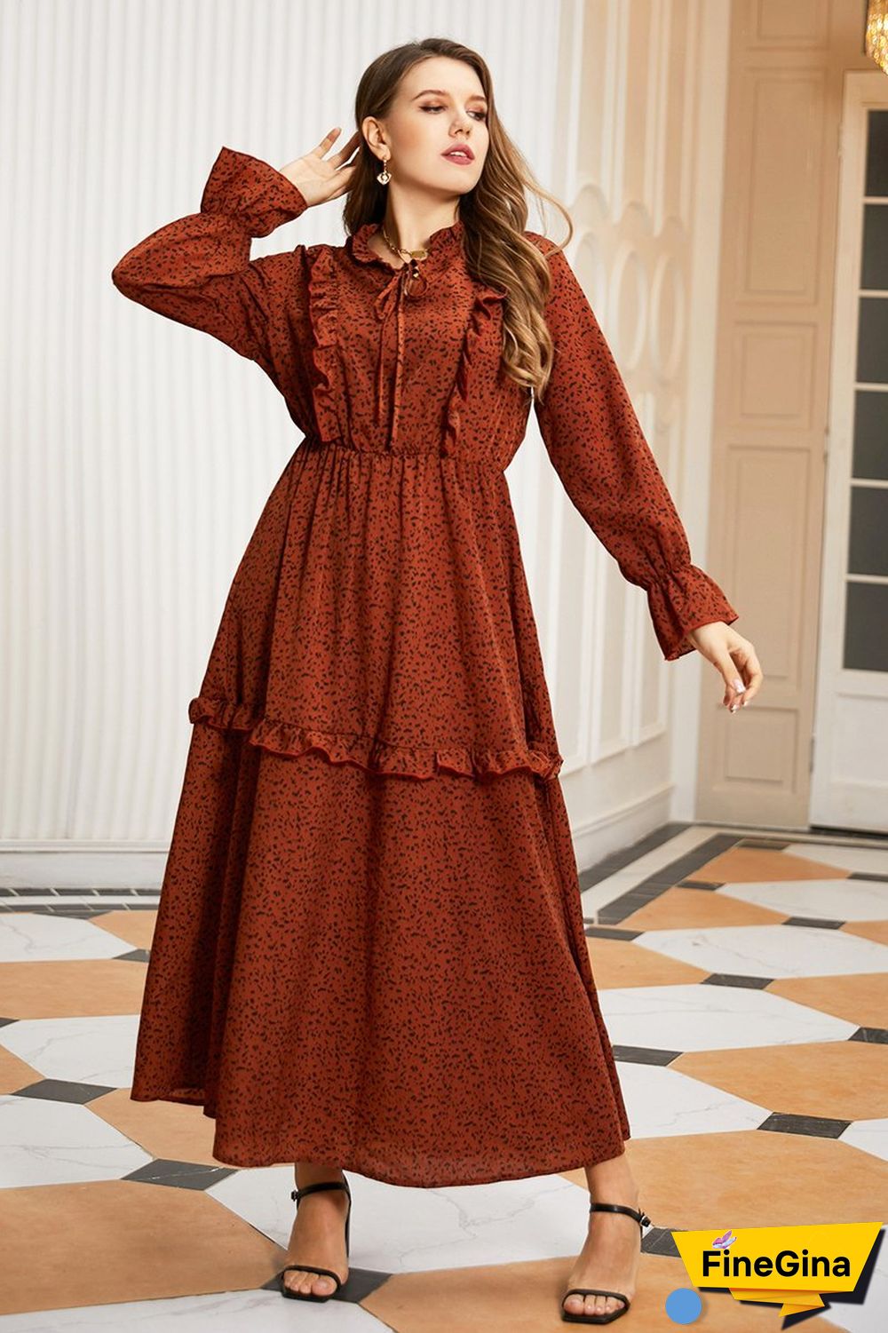 Burgundy Tie-neck Ruffle-detailing Tiered Maxi Dress P10376