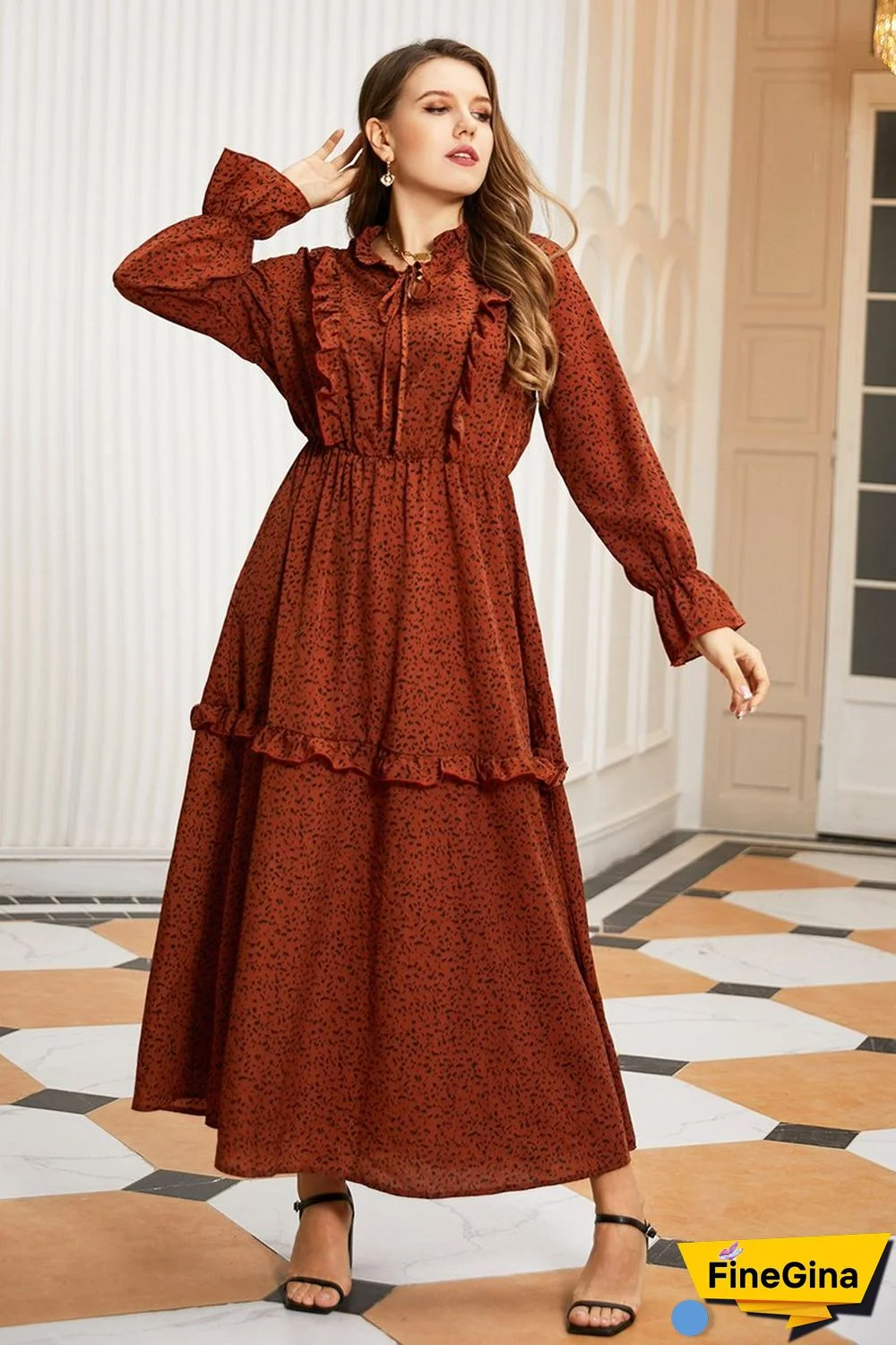 Burgundy Tie-neck Ruffle-detailing Tiered Maxi Dress P10376