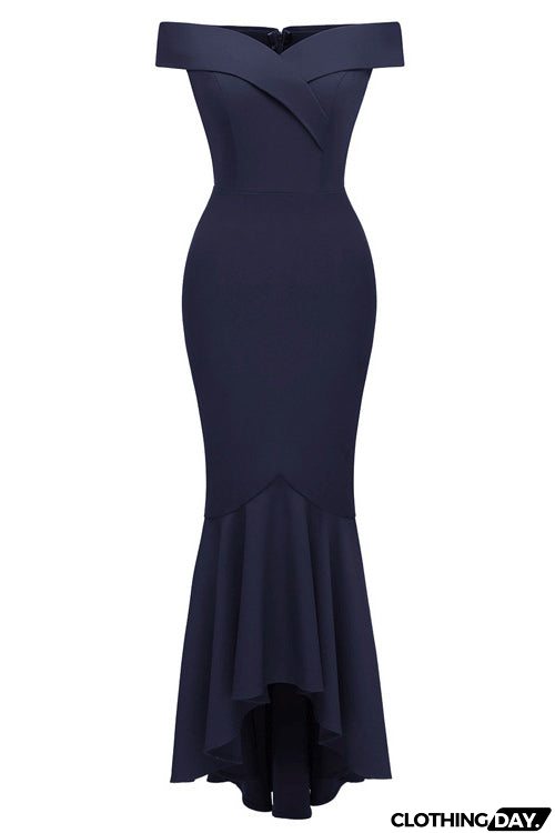 Dark Navy Off-the-shoulder Ruffled Prom Dress
