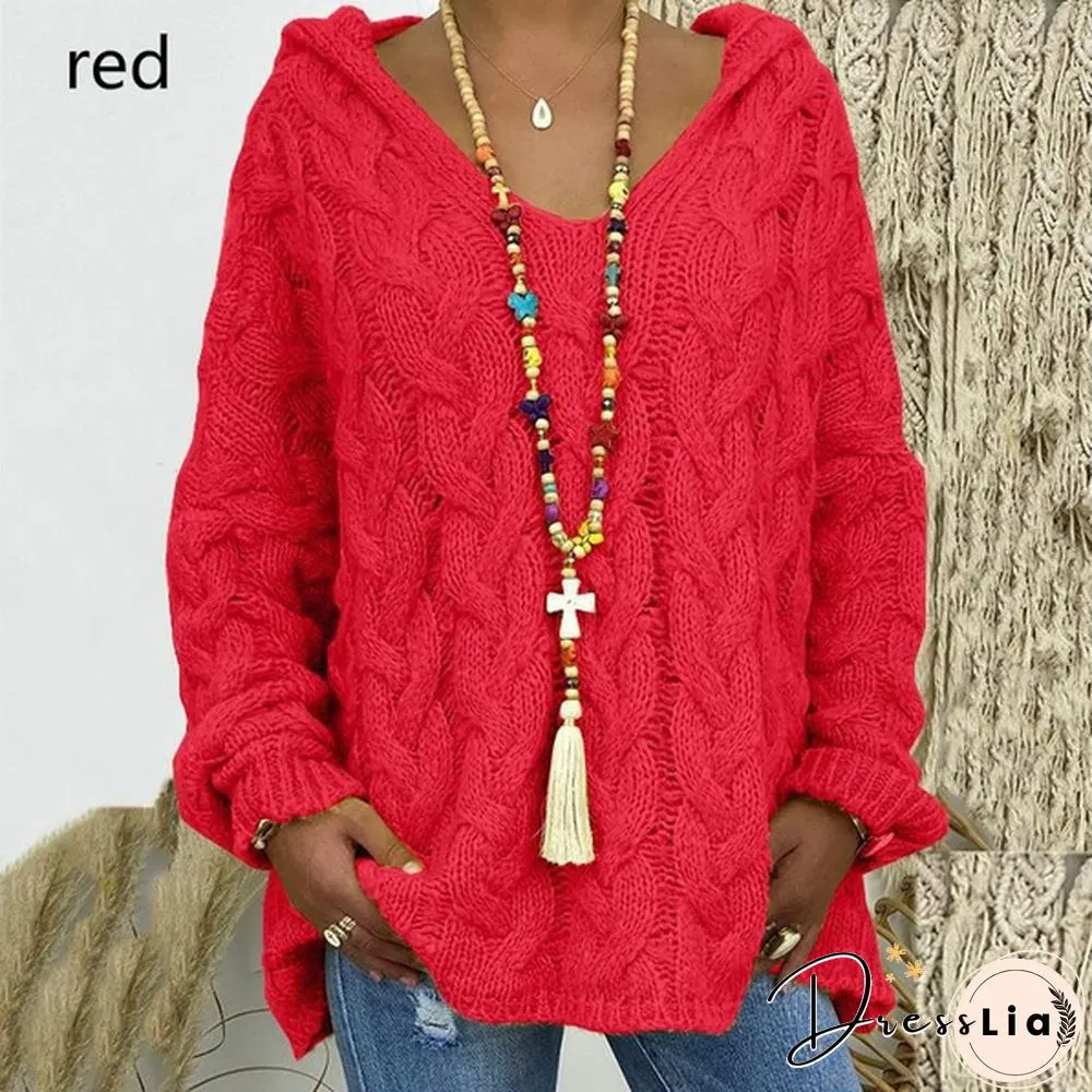 Colors Autumn And Winter New Womens Warm Hooded Long-Sleeved Knitted Sweater Cardigan Plus