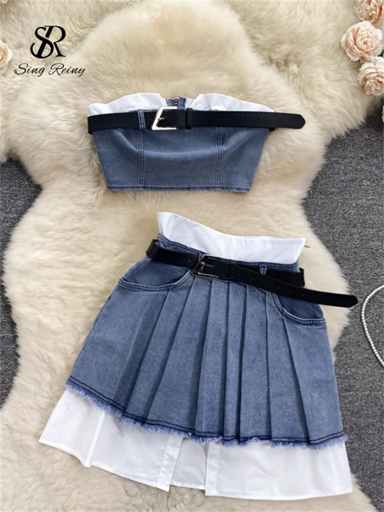 Huibahe Fashion American Retro Y2K Sexy Denim Suits Women Strapless Mini Top+ Pleated Mini Skirt Vintage Beach Two Pieces Set