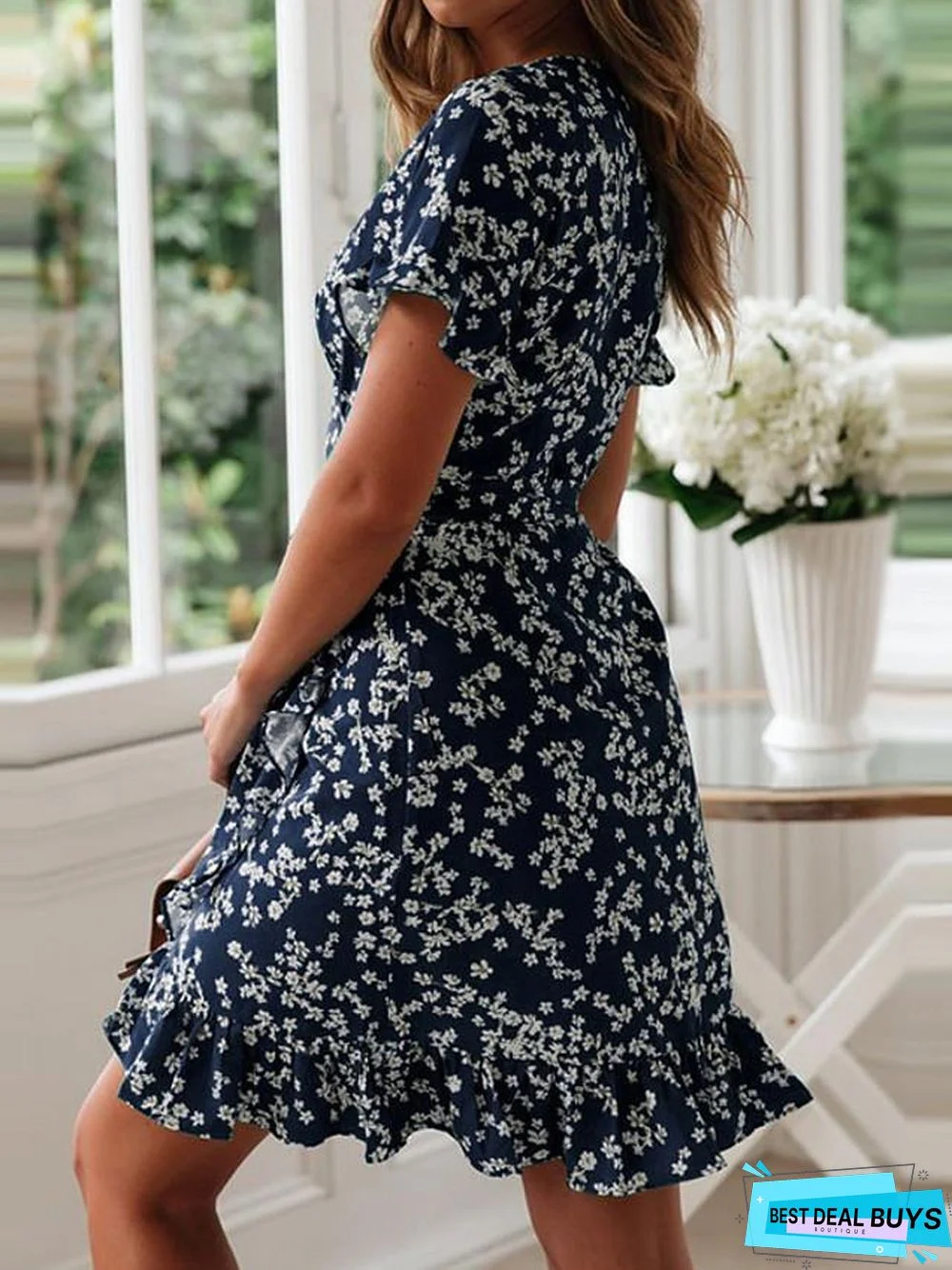 Women's Wrap Dress Short Mini Dress - Short Sleeve Floral Summer Deep V Hot Green Navy Blue