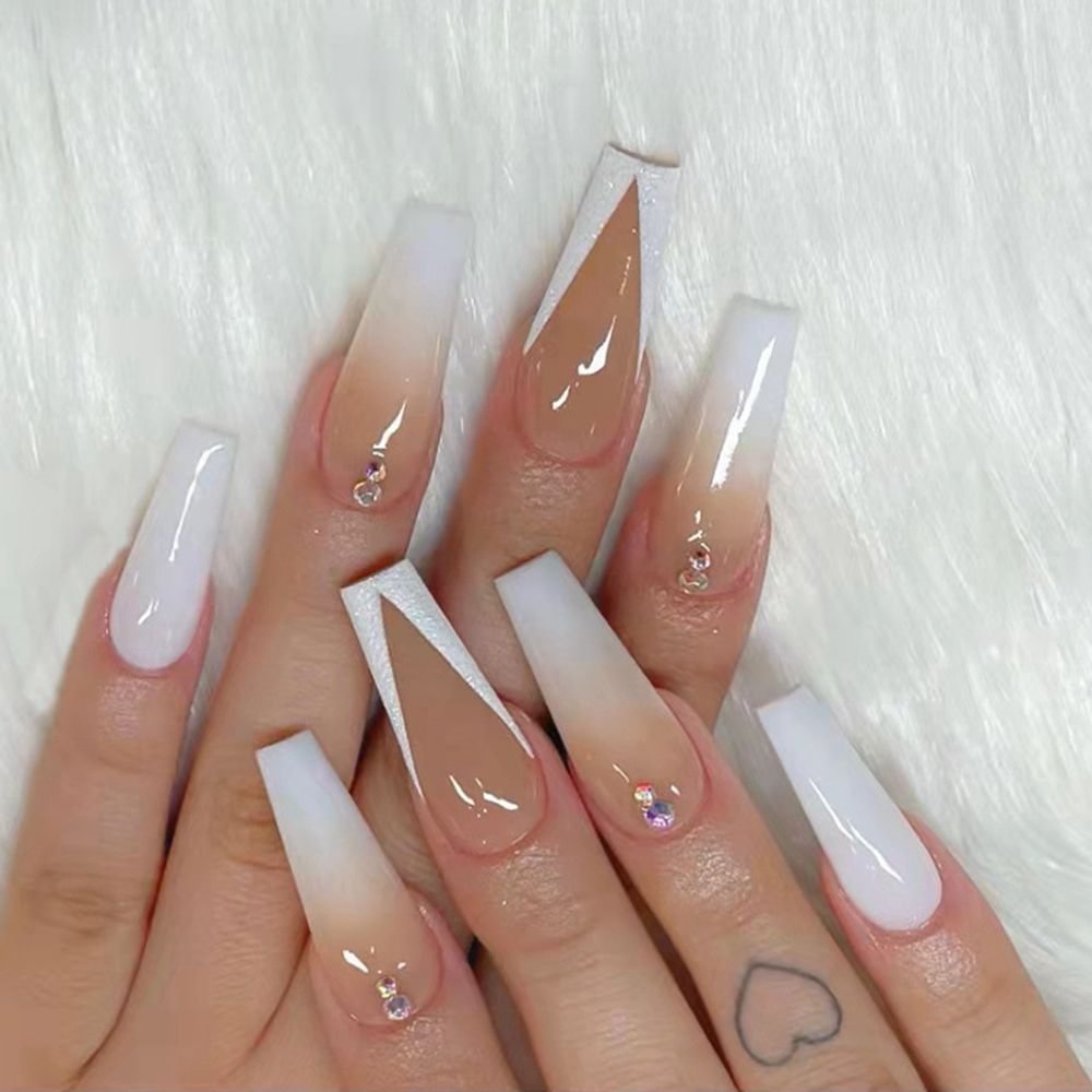 24Pcs Press On French False Nails Detachable White Gradient Rhinestone Long Coffin Fake Nails With Glue Faux Ballerina Nail