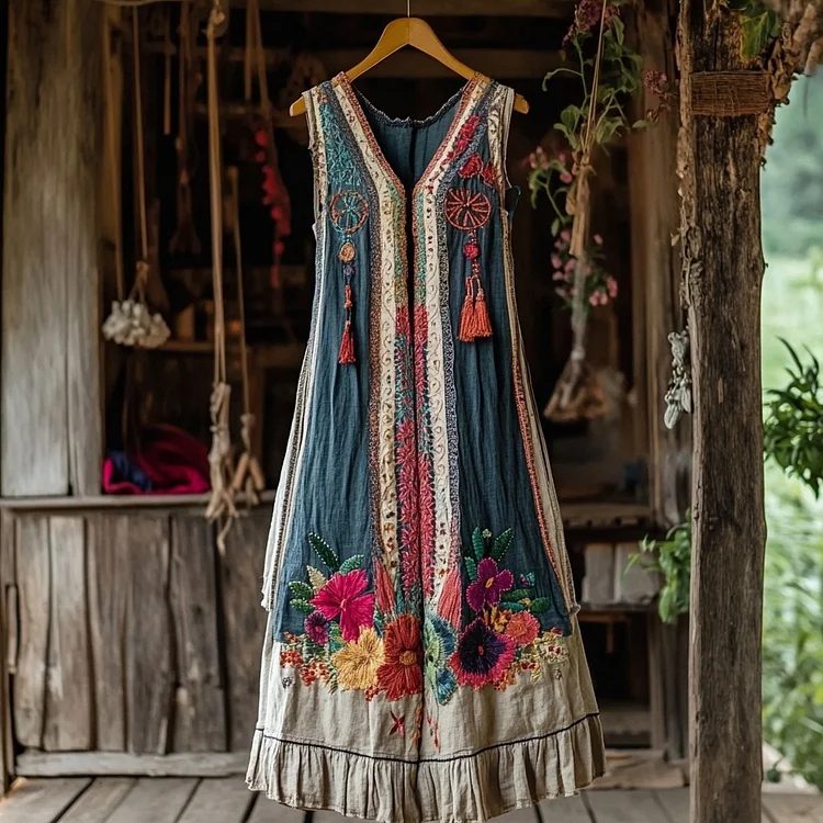 Utbros Women's Vintage Colored Floral Embroidery Tassel Art Patchwork Dress