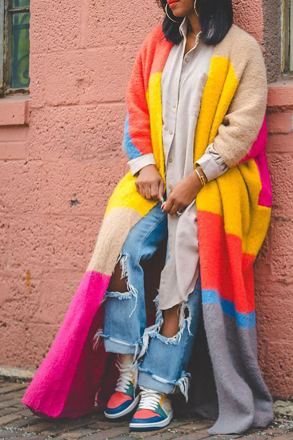 Plus Size Casual Cardigan Yellow Contrast Color Long Knitted Cardigan