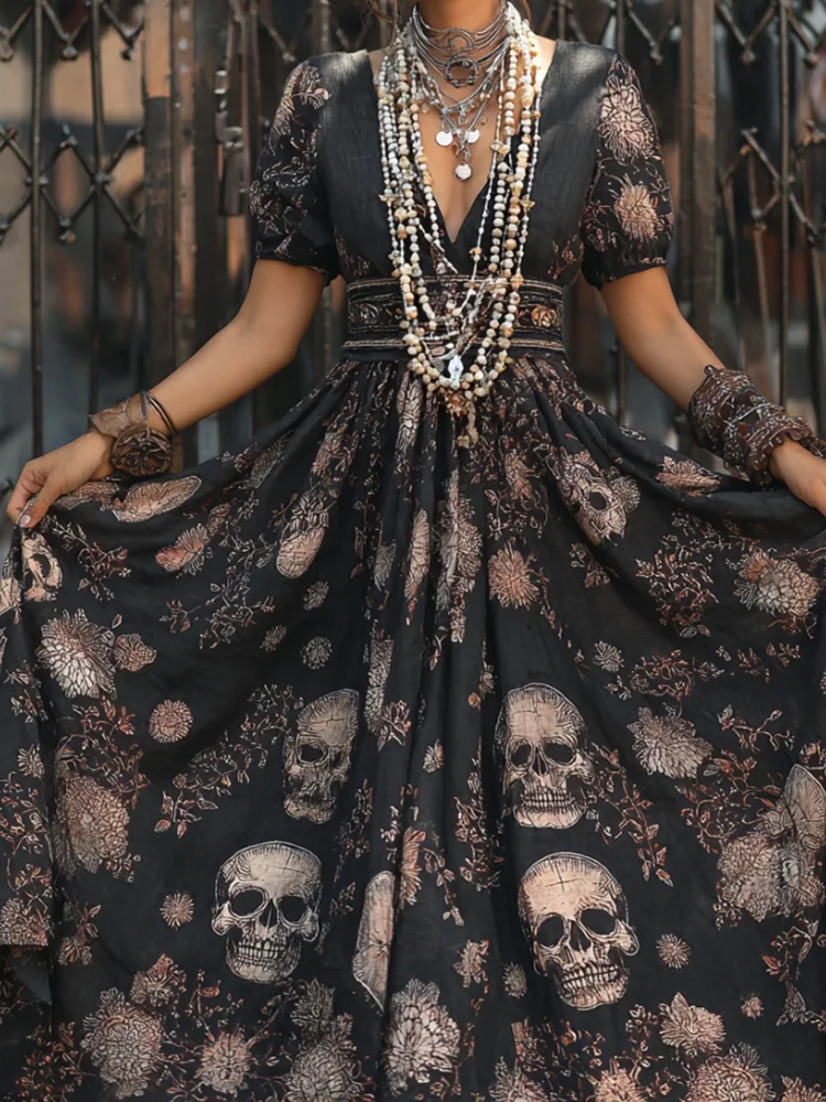 Mexican Day Of The Dead Skull Embroidery Short-sleeved Patchwork Long Dress