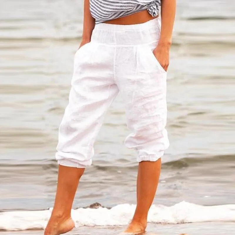 Plus Size Casual Women Capri Pants Casual Pockets Solid Color High Waist Loose 3/4 Trousers Daily Life Woman Pants