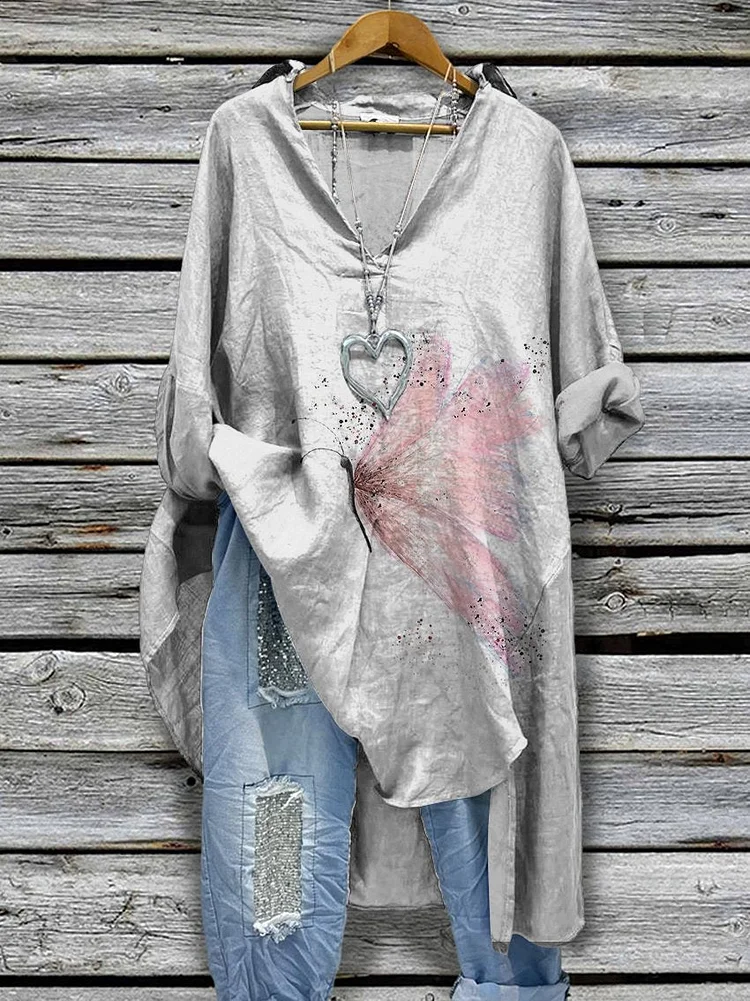 Women's Pink Dreamy Butterfly Print Casual Cotton And Linen Shirtdress