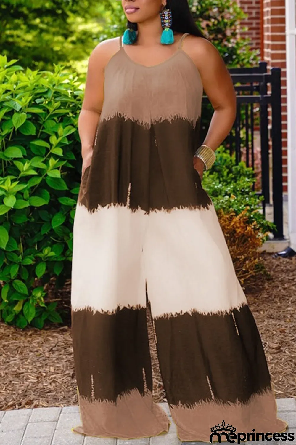 Yellow Casual Print Patchwork Spaghetti Strap Plus Size Jumpsuits