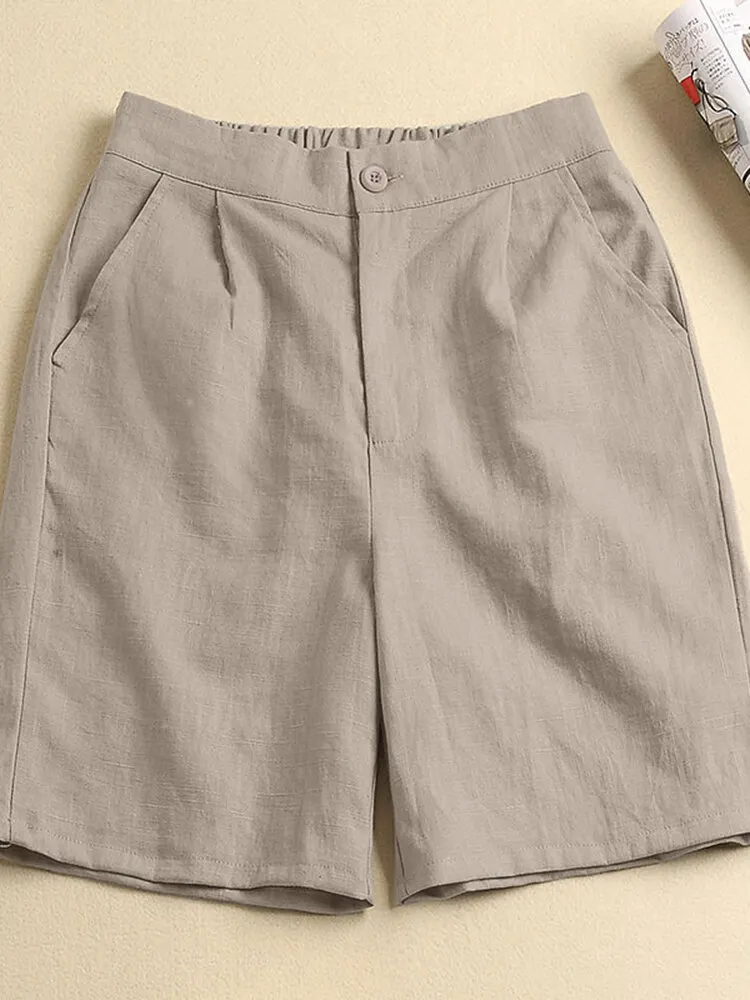 Solid Pocket Elastic Waist Casual Shorts For Women