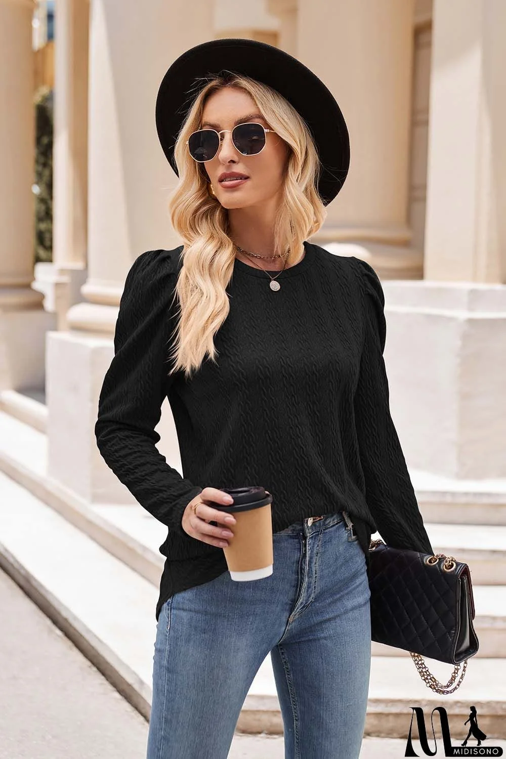MidiSono - Round Neck Puff Sleeve Blouse