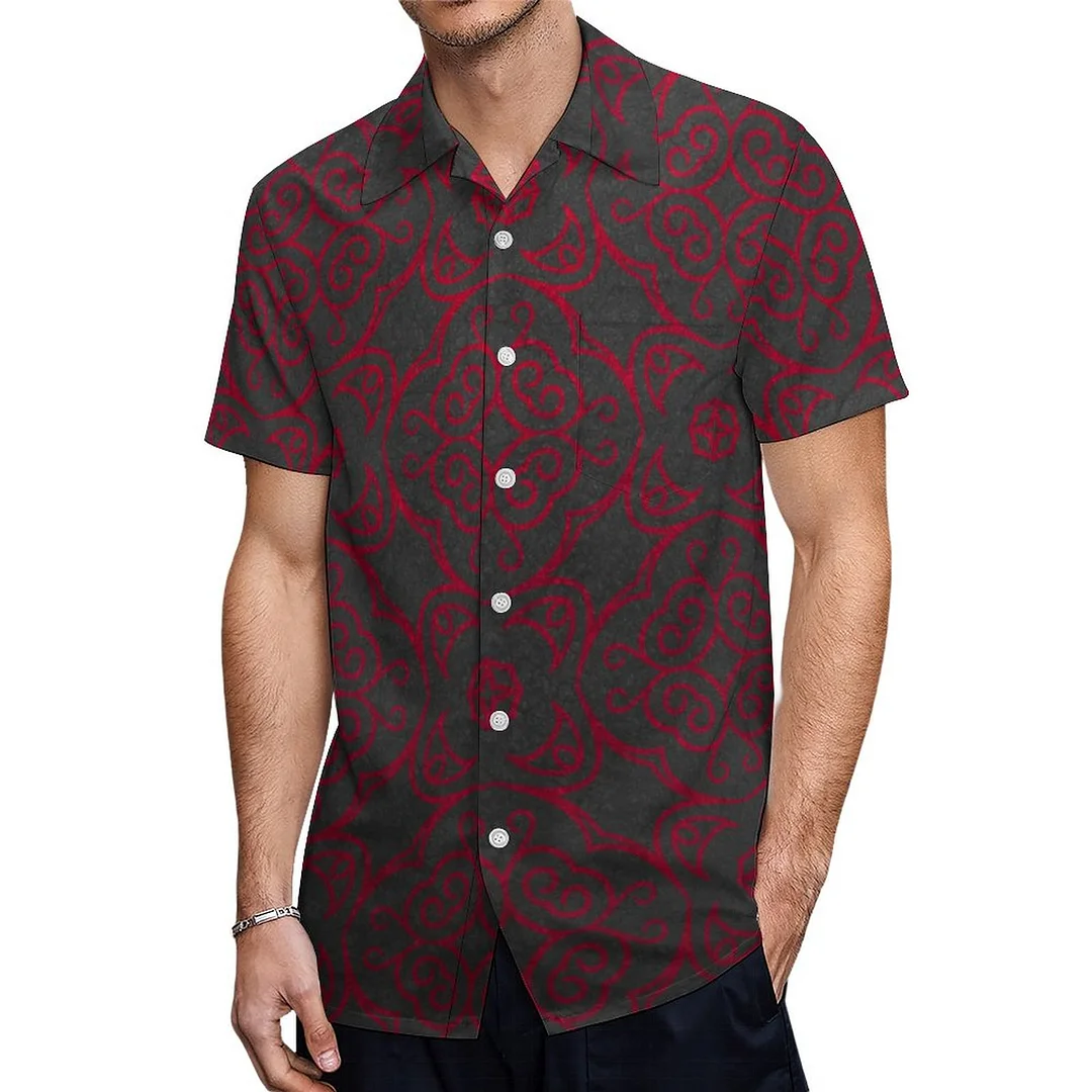 Short Sleeve Deep Red Ornate Damask Hawaiian Shirt Mens Button Down Plus Size Tropical Hawaii Beach Shirts