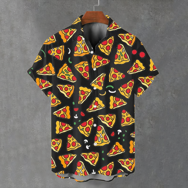 Men's Retro Pizza Print Art Linen Blend Cozy Shirt