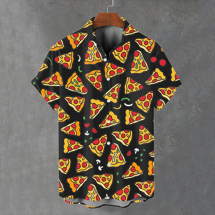 Simpfit Gemütliches Herrenhemd mit Retro-Pizza-Print und Nachahmung aus Nachahmung aus Baumwolle und Leinen