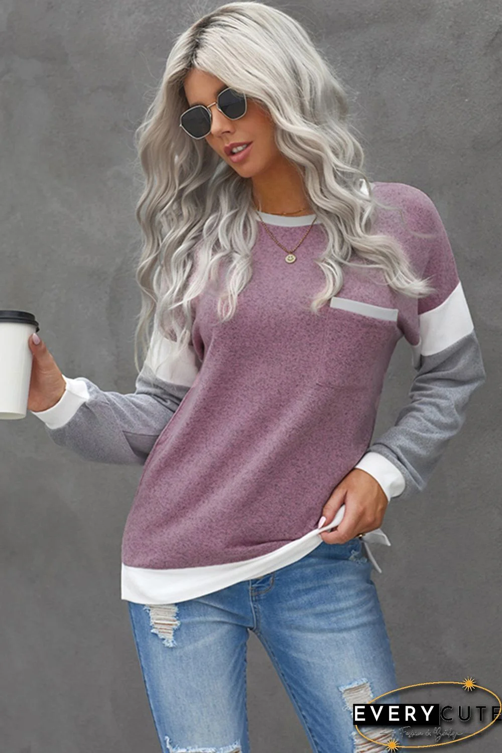 Splicing Sleeve Pink Knit Top