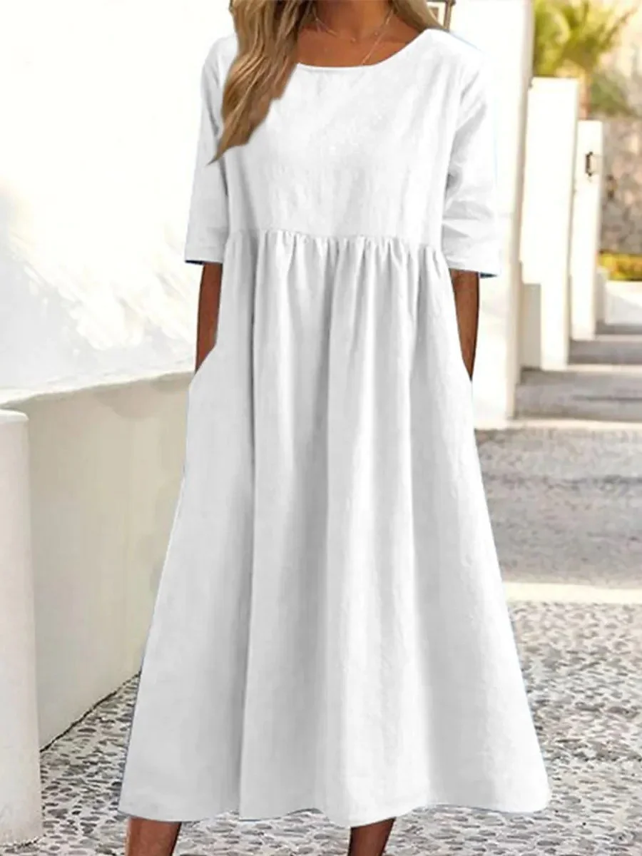 Brownm Brownm Cotton-Sleeved Short-Sleeved Pocket Folded Loose Round-Neck Dress In Summer 2025