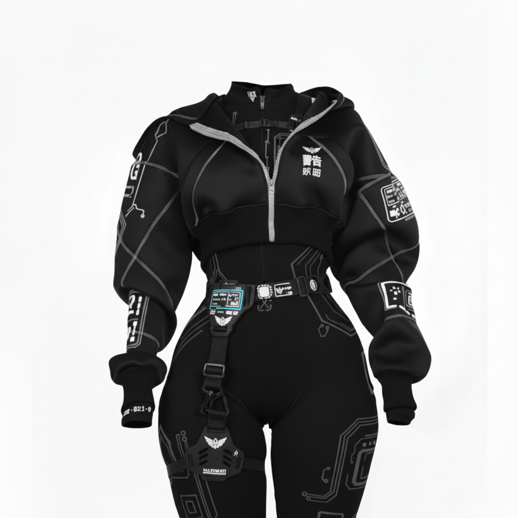 Cyberpunk Functional Style Purple-Black Color-Blocked Set Jacket + Shorts + Leggings Futuristic Tech-Inspired Streetwear