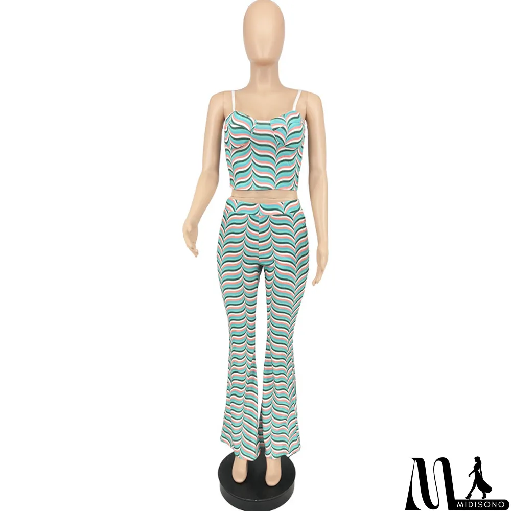 MidiSono - Women's Fashion Print Straps Backless Top Flared Pants Casual Two Piece Set